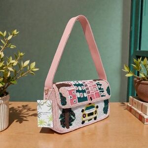 America Beyond Chic Pink Beaded Shoulder Bag with Cityscape